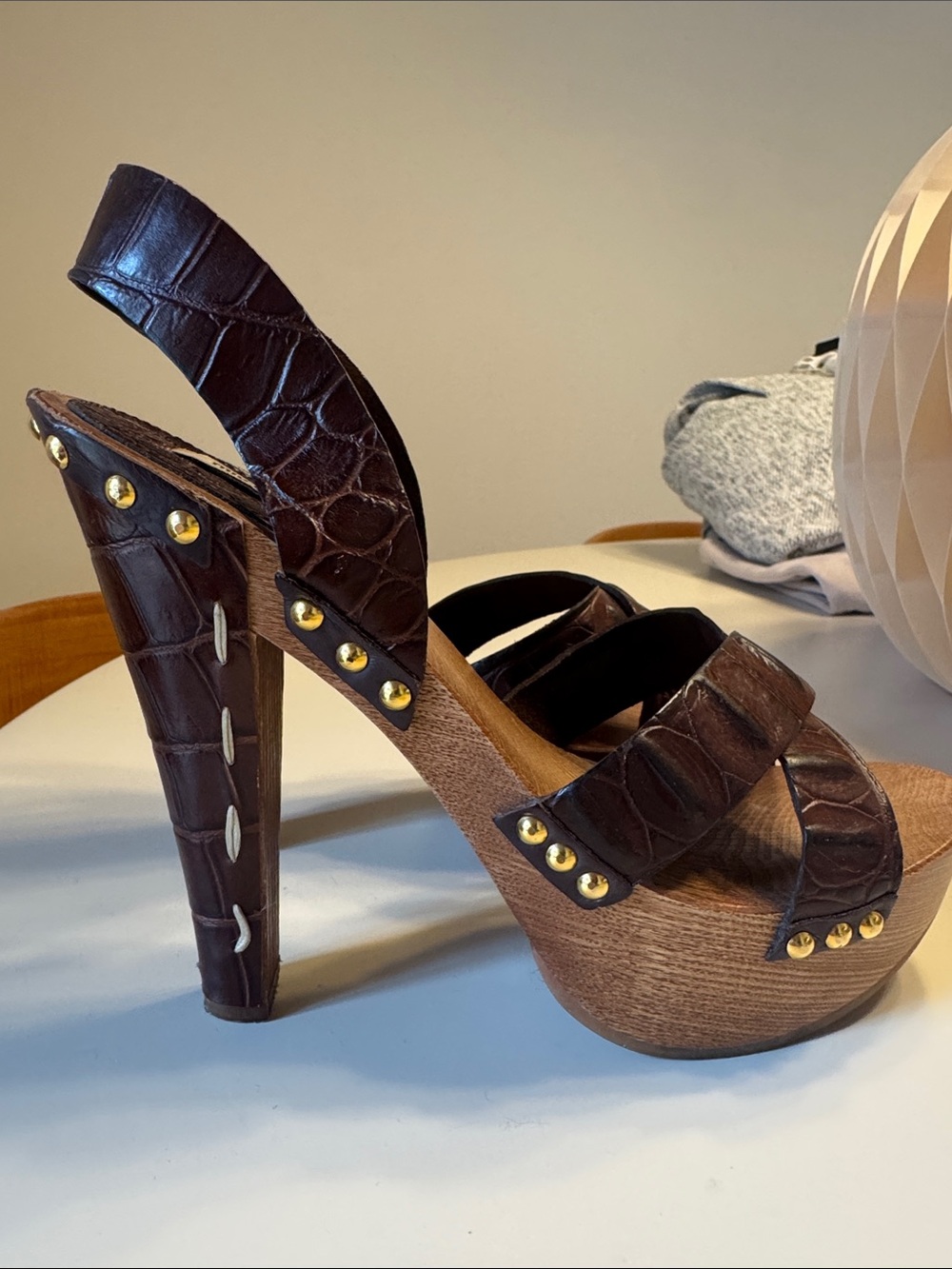 Miu Miu Dark Brown Croc-Embossed Platform Sandals with Gold Studs